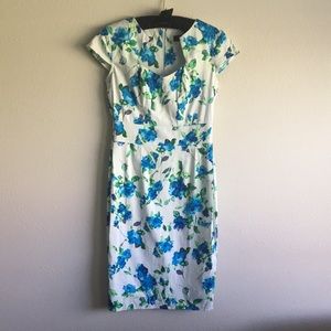 Floral cap sleeve atypical neckline pencil dress